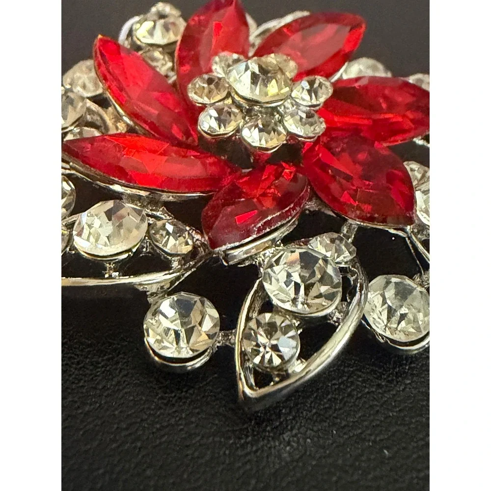 Rhinestone Brooch Red Silver Tone